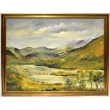 BILLINGTON (?); oil on canvas, vast mountainous landscape with a lake and trees in the foreground,