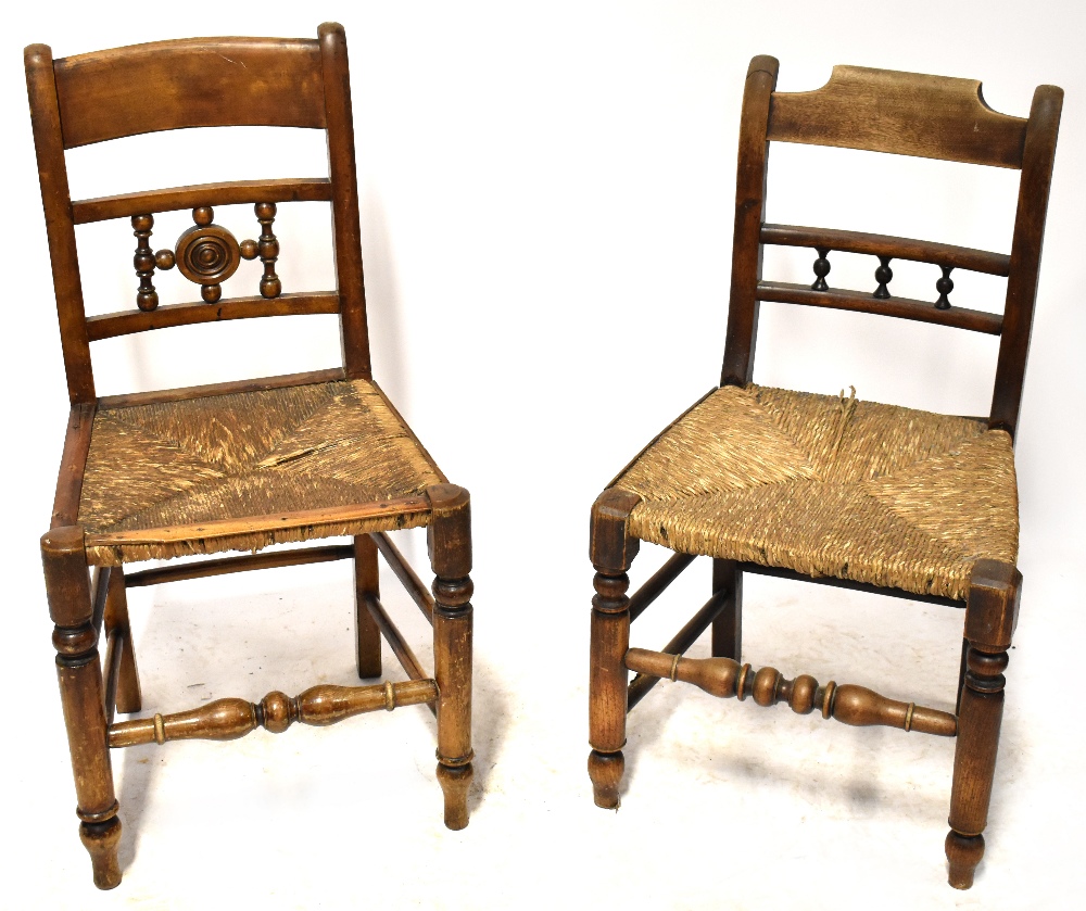 A group of five similar 19th century provincial country-style chairs, each with rush seats,