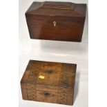 A 19th century mahogany tea caddy of sarcophagus shape, the twin internal compartments lacking lid,