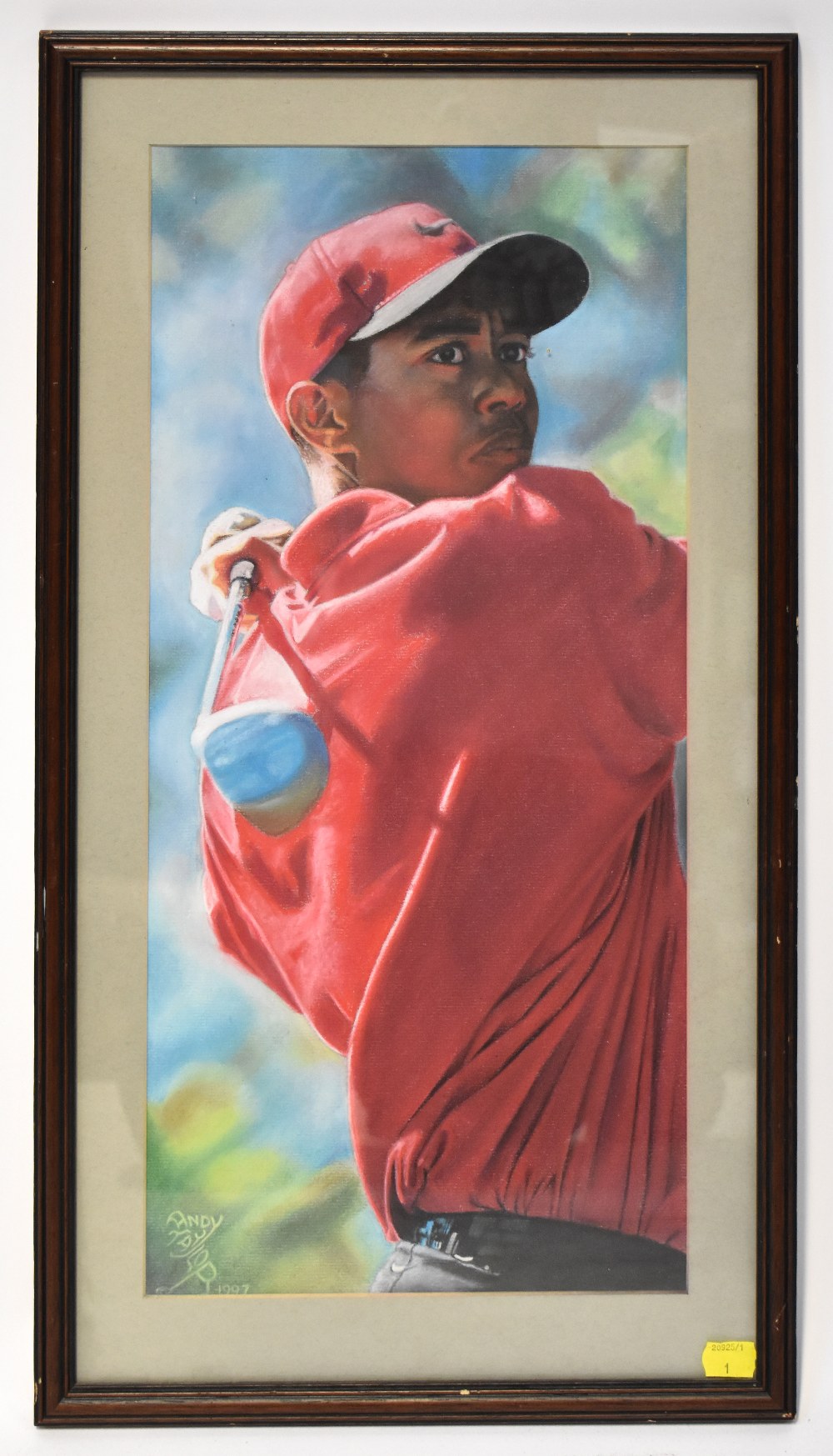ANDY TAYLOR (contemporary); a pastel and watercolour painting depicting Tiger Woods action shot,