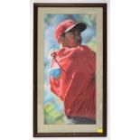 ANDY TAYLOR (contemporary); a pastel and watercolour painting depicting Tiger Woods action shot,