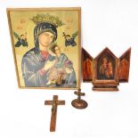 A 20th century painted wooden folding triptych with printed portrait of the Madonna and Child and