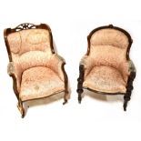 Two 19th century walnut upholstered armchairs, each with a different carved detail,