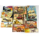Various Airfix and other model kit vehicles, aircraft, spaceships and buildings,