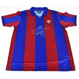 DIEGO MARADONA; a retro FC Barcelona home shirt, signed to the front, size large.   Additional