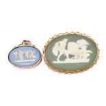 WEDGWOOD; a pale green jasper dip brooch in 15ct yellow gold frame, width 55mm, and a small pale