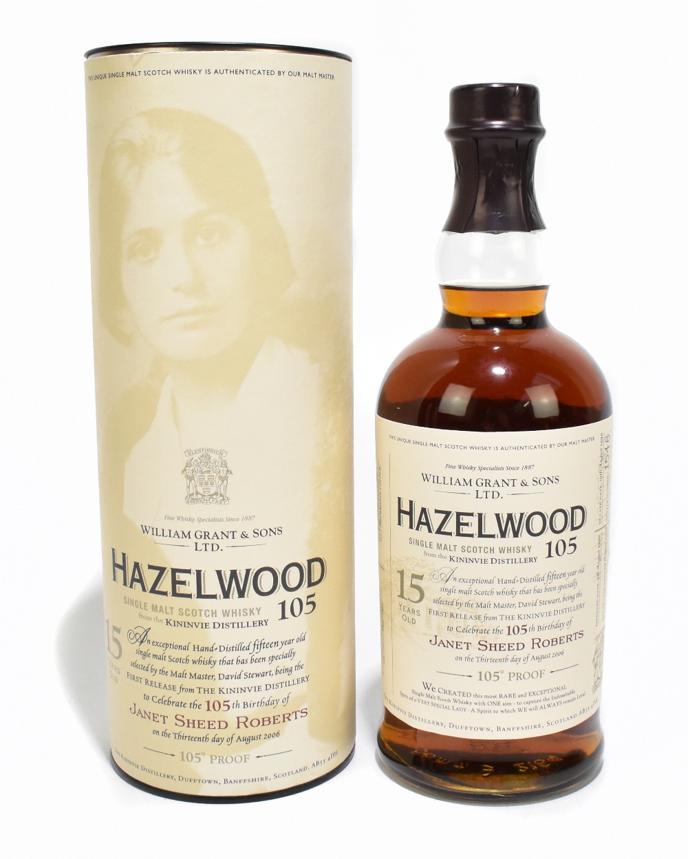 WHISKY; a single bottle of Hazelwood Single Malt Scotch Whisky, 105th birthday of Janet Sheed