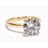 A yellow metal diamond solitaire ring, with brilliant cut diamond, approximately 3ct, size M,