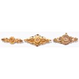 Two late Victorian/Edwardian 15ct yellow gold bar brooches both set with tiny diamonds, combined