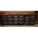 An 18th century oak mule chest in the Jacobean style, with an arrangement of nine drawers, raised on