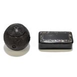 A 19th century carved ebony snuff ball, diameter 4cm, with a Victorian papier-mâché snuff box of