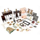 A collection of wood, metal and other dolls' house furniture and accessories to include and four