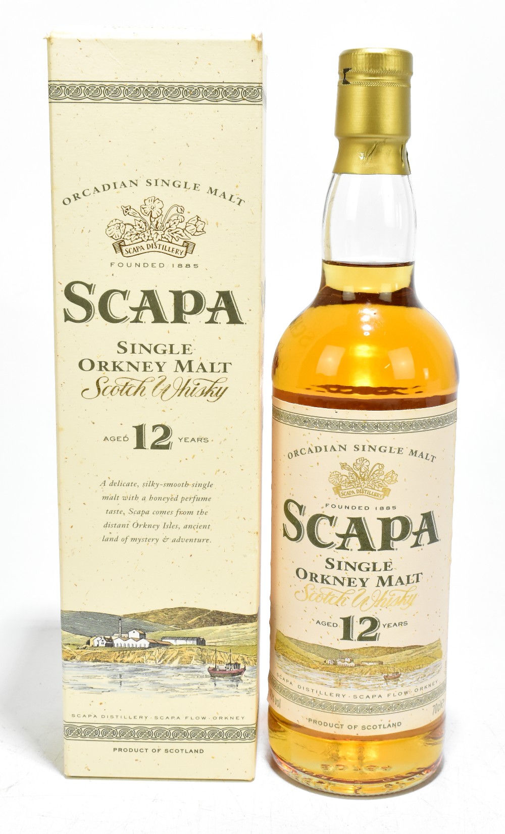 WHISKY; a single bottle of Scapa Single Orkney Malt Scotch Whisky aged 12 years, 70cl, 40%, boxed.