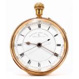 An 18ct yellow gold open faced crown wind pocket watch with two piece white enamel dial set with