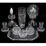 WATERFORD; a cut glass six piece dressing table set, together with further cut glass including two
