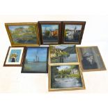 ERIC YUILL; seven assorted acrylics including landscape scenes, pair of continental scenes,