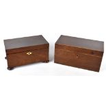 Two Georgian mahogany tea caddies of rectangular form including an example with satin wood