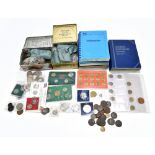 A large collection of assorted coins, including Sandhill folders of half pennies, Great Britain