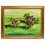 LAMBERT; oil on canvas, horse racing scene, signed lower right, 75 x 100cm, framed.