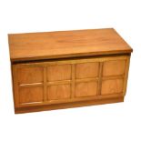 A mid-century teak television stand of rectangular form, with pull-down panelled front, width