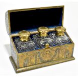 A fine late 19th century brass domed jewel decorated box enclosing three hobnail cut glass scent