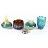 MDINA; four items of glass comprising a vase, a specimen vase, a bowl and a slender neck vase, the