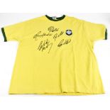 BRAZIL; a 1970s Brazil home shirt, signed by Pelé, Ronaldinho, Ronaldo, Robert Carlos and Rivaldo,