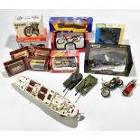 TRI-ANG; a clockwork boat, in associated box, with a Burago Jaguar E coupe, a Corgi Avro