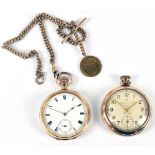 A gold plated crown wind open faced pocket watch with white enamel dial set with Roman numerals