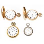 Two gold plated crown wind full hunter pocket watches, an open faced pocket watch and a white