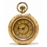 A Continental 18ct yellow gold crown wind fob watch with Roman numerals to the dial and base metal