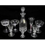 A group of glassware including a Regency decanter, a late 19th century Dutch wine glass with tulip