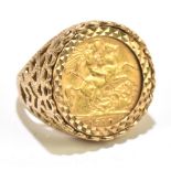 A George V half sovereign, 1910, in a 9ct yellow gold ring mount, size Q, approx 10.2g.Additional