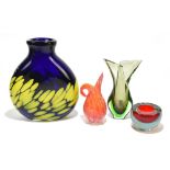 MURANO; a large dark blue vase with yellow inclusions, height 29cm, and three further pieces of