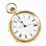 An 18ct yellow gold crown wind open faced pocket watch, the circular enamelled dial set with Roman