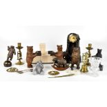 A collection of bear related items, including bronzed spelter German mantel clock with