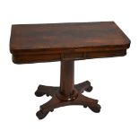 A William IV rosewood and mahogany foldover card table, with platform and scroll feet, height