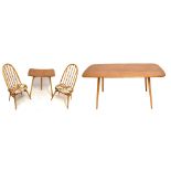 ERCOL; a light elm dining table with shaped additional end section and four stick back chairs (6).