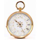 A French 18ct yellow gold fob watch with white enamel dial set with Roman numerals and with engraved