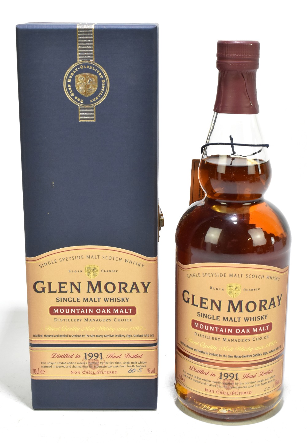 WHISKY; a bottle of Glenmoray Single Malt Mountain Oak Malt Whisky, distilled in 1991, hand bottled,