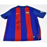 BARCELONA; a Nike Barcelona home shirt, signed by Messi, Suarez and Neymar to the front, size large.