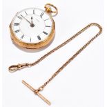 An 18ct yellow gold key wind open face fob watch, the circular enamelled dial set with Roman