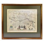 GUINEA; a 17th century Williem Blaeu engraved map, with later hand coloured detailing, 44 x 56cm,