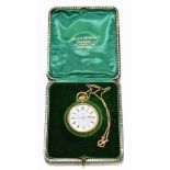 An Edwardian 18ct yellow gold open faced crown wind pocket watch with two piece white enamel dial