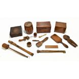 An assortment of 19th century and later treen, including a cylindrical box and cover in the form