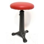 SINGER; an iron framed adjustable machinist's stool, with rising top and later red cushion, height