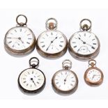 Two hallmarked silver crown wind open face pocket watches, each set with Roman numerals and
