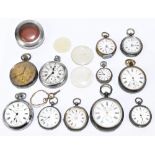 Eleven assorted plated, white metal and chrome pocket watches, and a chrome pocket watch case.