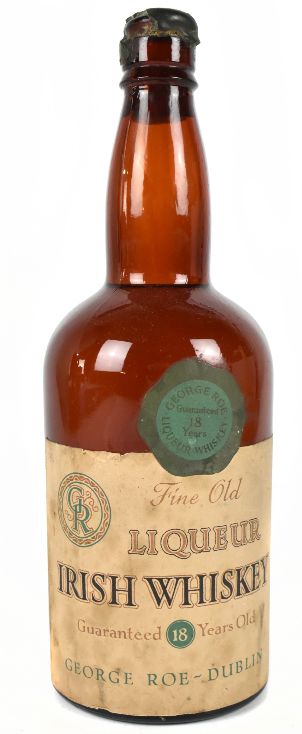 WHISKEY; one bottle of George Roe of Dublin Fine Old Liqueur Irish Whiskey Guaranteed 18 years