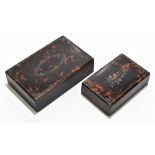 A 19th century rosewood card box with applied tortoiseshell mount inlaid with pewter, length 11cm,